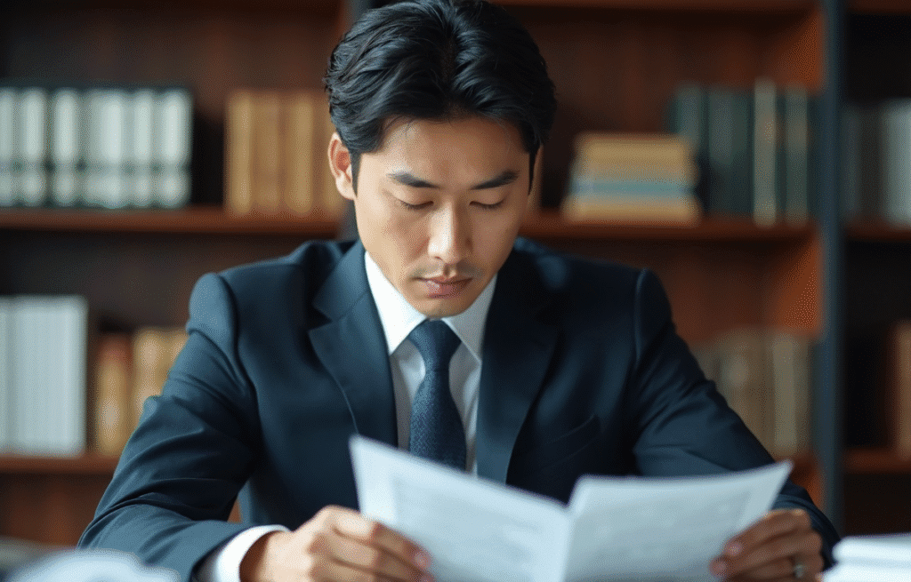 중대재해 발생 시 법적 책임과 형사처벌 관련 문서를 검토하는 경영진